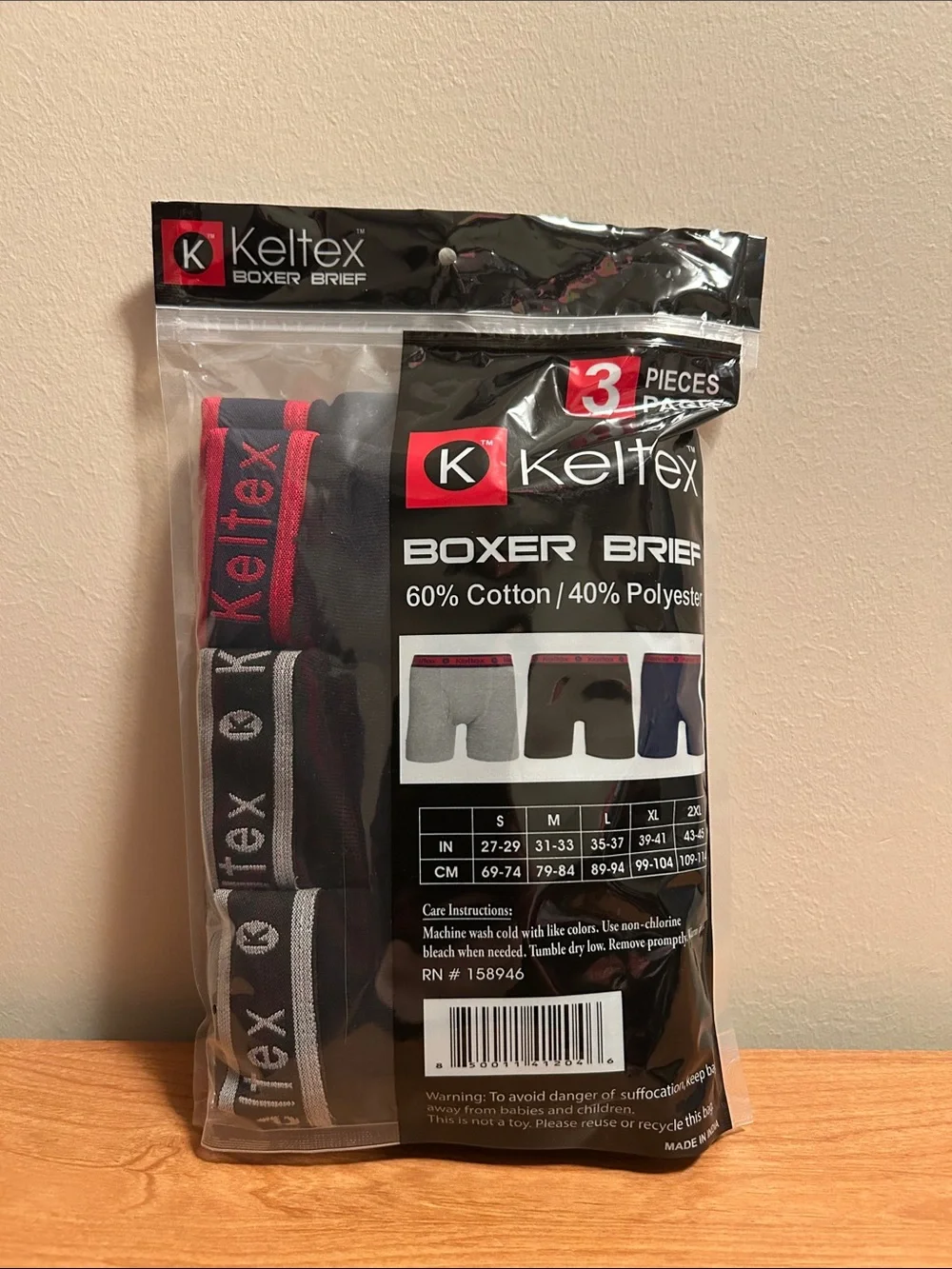 KELTEX® MEN'S COTTON BOXER BRIEFS 3 PACK - SIZE: XL-BLACK